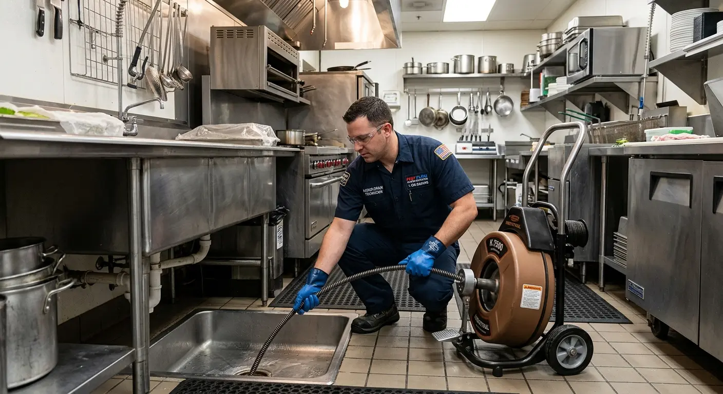 Commercial drain cleaning service in a restaurant kitchen in Newtown