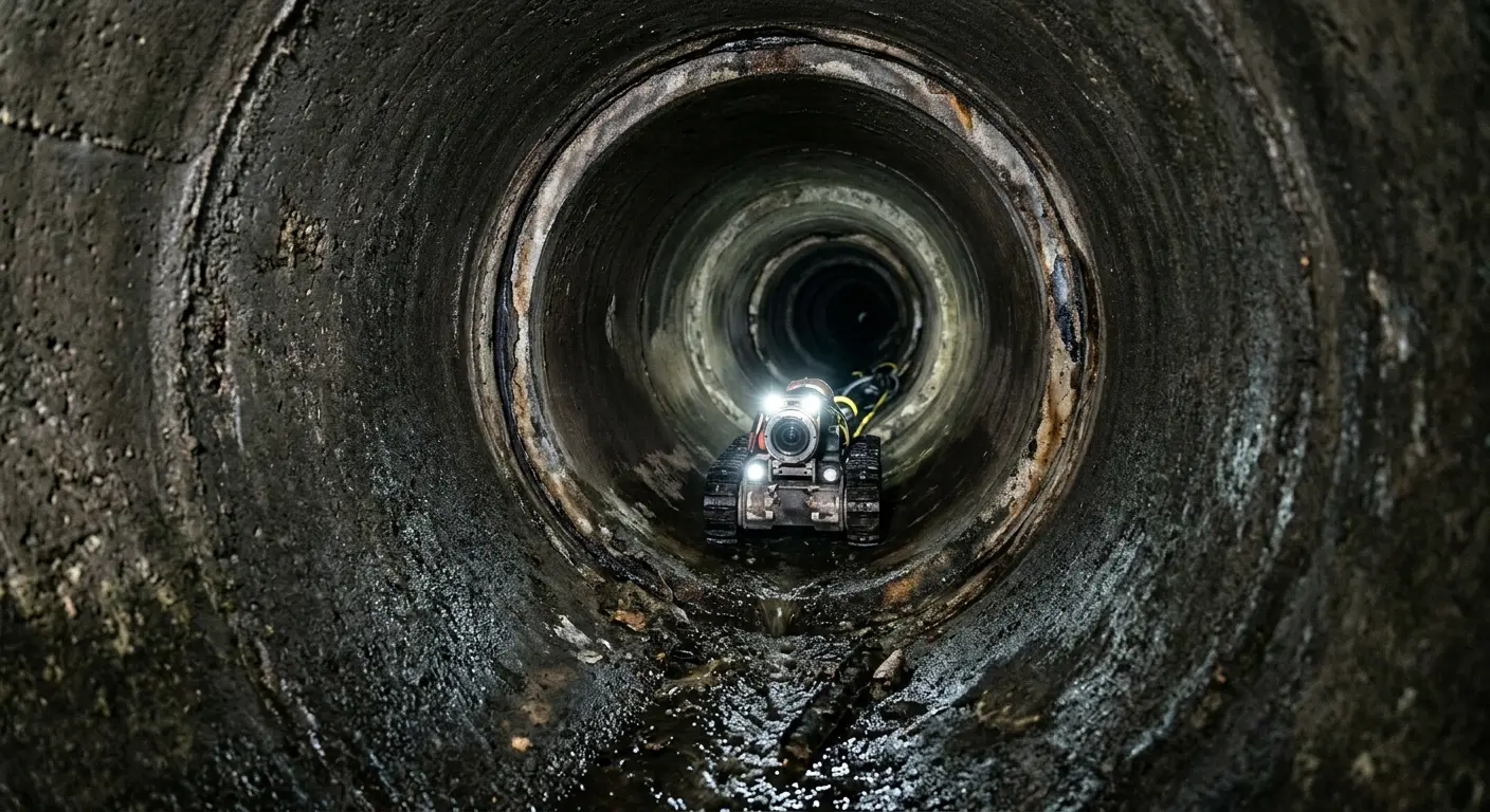 Robotic sewer camera inspecting pipe interior for Sewer Line Cleaning in Newtown