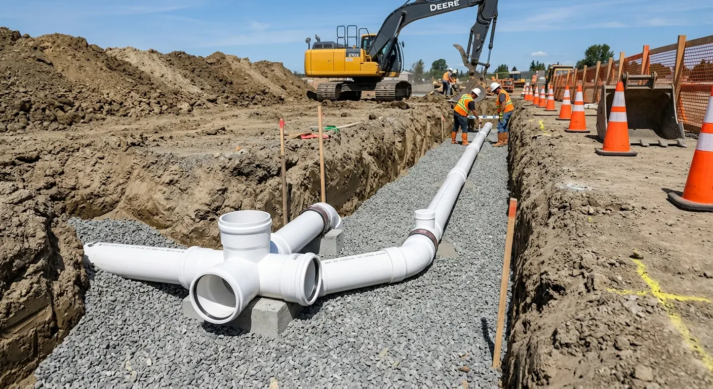 New PVC sewer pipe installation in open trench for Commercial Drain Cleaning in Newtown