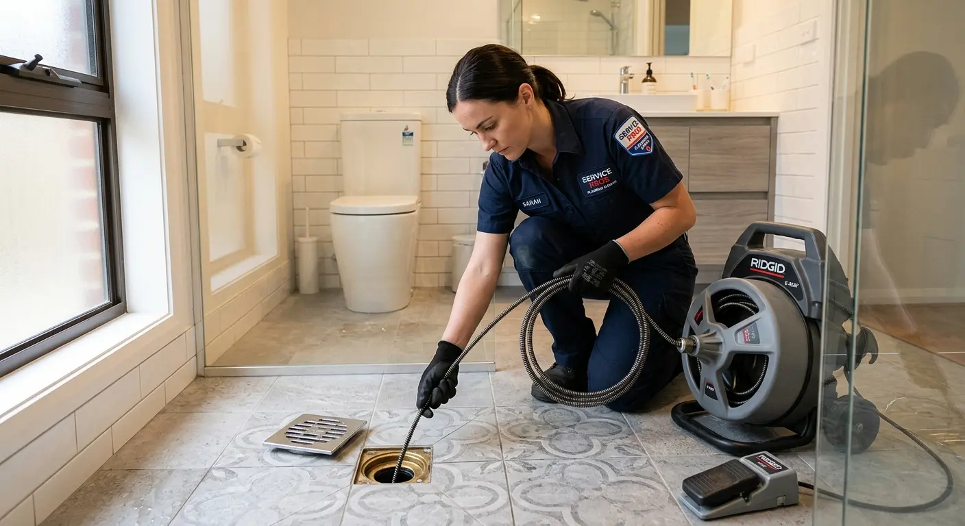 Technician clearing a bathroom floor drain for Sewer Line Installation in Newtown